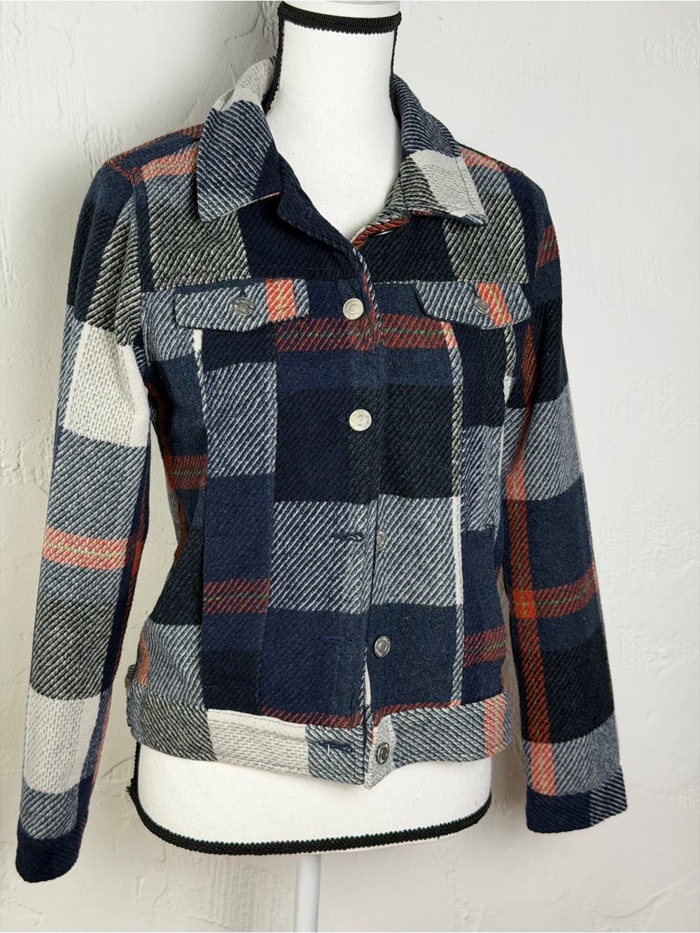 Sky and Sparrow Navy, Gray & Rust Plaid Jean Jacket - Trucker Style Med
